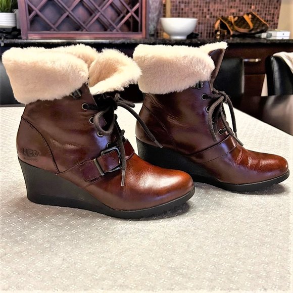 UGG Jenny Stout Brown Leather Wedge Boot - Size 7 - Picture 1 of 6